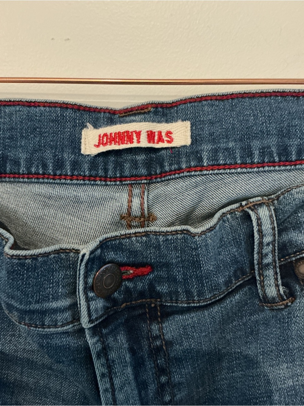 Johnny Was Boyfriend Denim Jeans with Red Stitch Accents, women’s 31